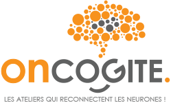 Logo avec le mot oncogite et un un cerveau fait de petites bulles oranges et noires